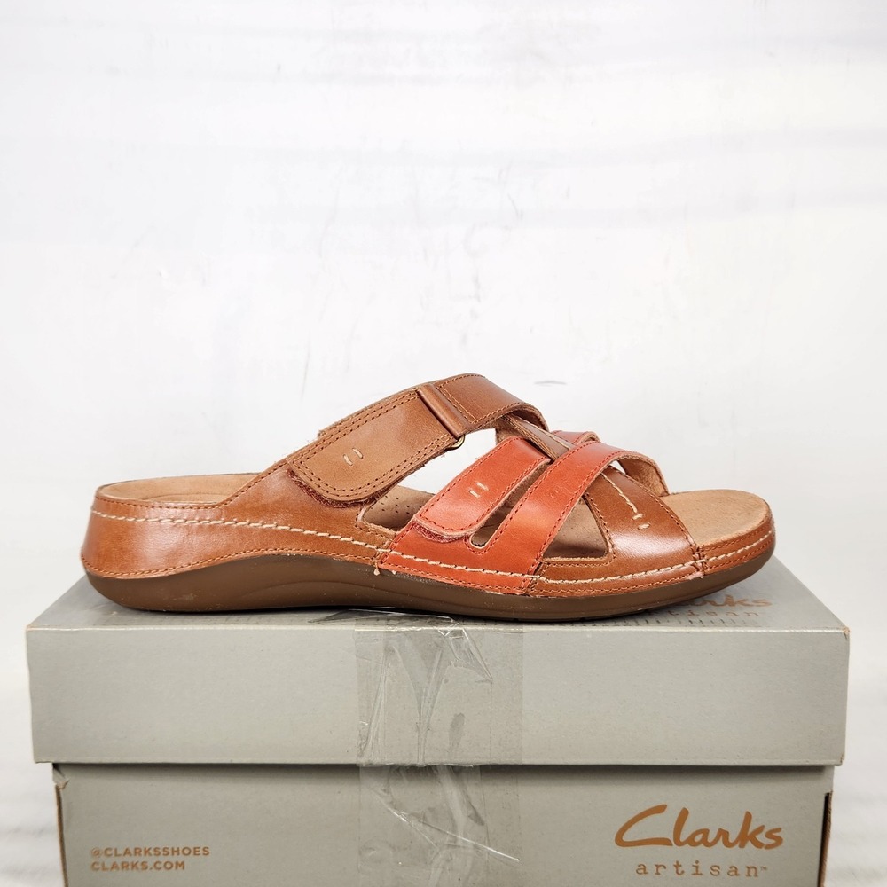 Clarks Cecily Slide Sandals Women Size 9 WIDE Tan Combi Leather Strappy Comfort